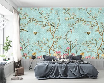 Chinoiserie Bird Wallpaper Mural Removable Peel and Stick, Self-Adhesive, Renter Friendly, Accent Room Decor, Modern Space Design