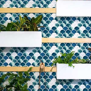 Blue Marble Wallpaper, Nautical Scallop Tiles, Peel and Stick Removable Wallpaper and Traditional, Coastal