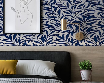 Botanical Leaf Wallpaper Mural Navy Blue Peel and Stick, Self-Adhesive, Renter Friendly, Removable Roll, Accent Room Decor
