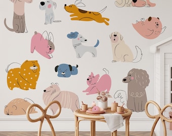 Hand Drawn Puppy Wall Decals, Baby Room Decor, Set of 16, Self-Adhesive, Renter Friendly, Removable Roll, Modern Space Design