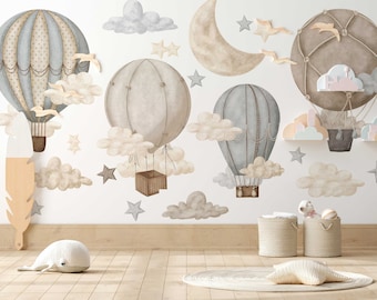 Wall Decals - Dreamy Hot Air Balloons & Stars for Nursery and Kids' Room, Self - Adhesive, Renter Friendly, Removable Roll
