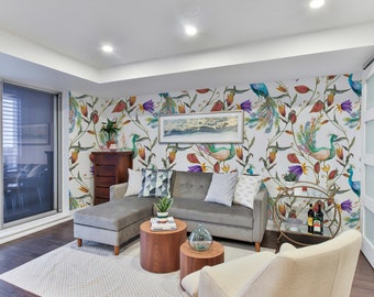 Peacock Floral Peel and Stick Wallpaper, Removable Wall Decor, Self-Adhesive, Renter Friendly, Modern Space Design