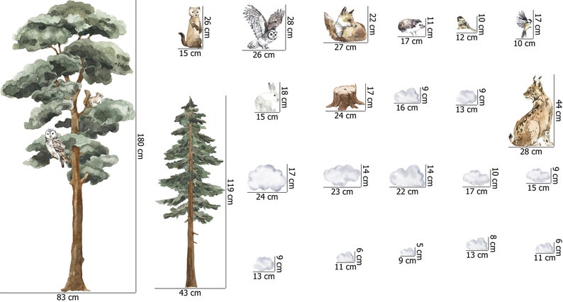 May include: A set of watercolor illustrations featuring various woodland animals, trees, and clouds. The illustrations include a pine tree, a fir tree, a snowy owl, a squirrel, a fox, a hedgehog, a bird, a lynx, and clouds. The illustrations are perfect for adding a touch of nature to any project.