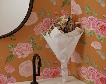 Bold Orange Floral Wallpaper Pink Watercolor Flower Peel and Stick, Self-Adhesive, Renter Friendly, Removable Roll