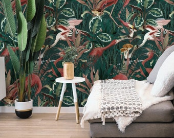 Flamingo Jungle Wallpaper, Tropical Wall Mural, Peel and Stick, Removable Wall Art, Botanical Decor, Pink Flamingo Mural