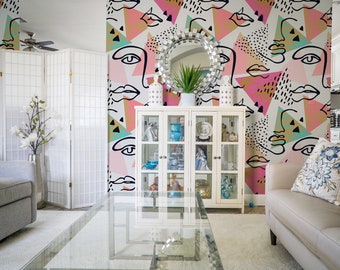 Abstract Faces Wallpaper Creative Line Art Peel and Stick, Self-Adhesive, Renter Friendly, Removable Roll, Accent Room Decor