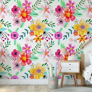 Removable Wallpaper | Colorful Floral Pattern | Peel & Stick Watercolor Baby Bedroom Wall Mural | Nursery Decor
