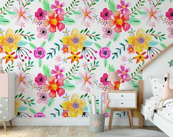 Removable Wallpaper, Colorful Floral Pattern, Peel & Stick Watercolor Baby Bedroom Wall Mural, Nursery Decor, Self-Adhesive