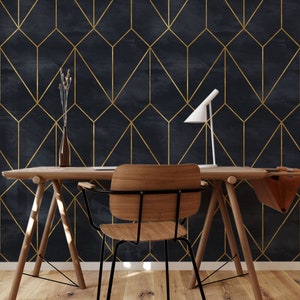 Dark and Gold Removable Wallpaper Mural, Elegant Peel and Stick Wall Covering, Luxe Black and Gold Wall Art for Bedroom, Office, Living Room
