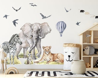 Big Animal Watercolor Wall Decal Set for kids, removable cute safari animals, Lion, Elephant nursery Stickers, Peel and stick 2