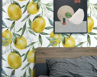 Bright Yellow Lemon Wallpaper Mural Tropical Fruit Peel and Stick, Self-Adhesive, Renter Friendly, Removable Roll