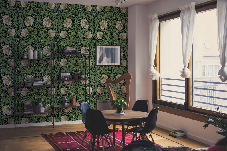 May include: A dining room with a green floral wallpaper, a wooden table with four black chairs, a harp, and a large window with white curtains.