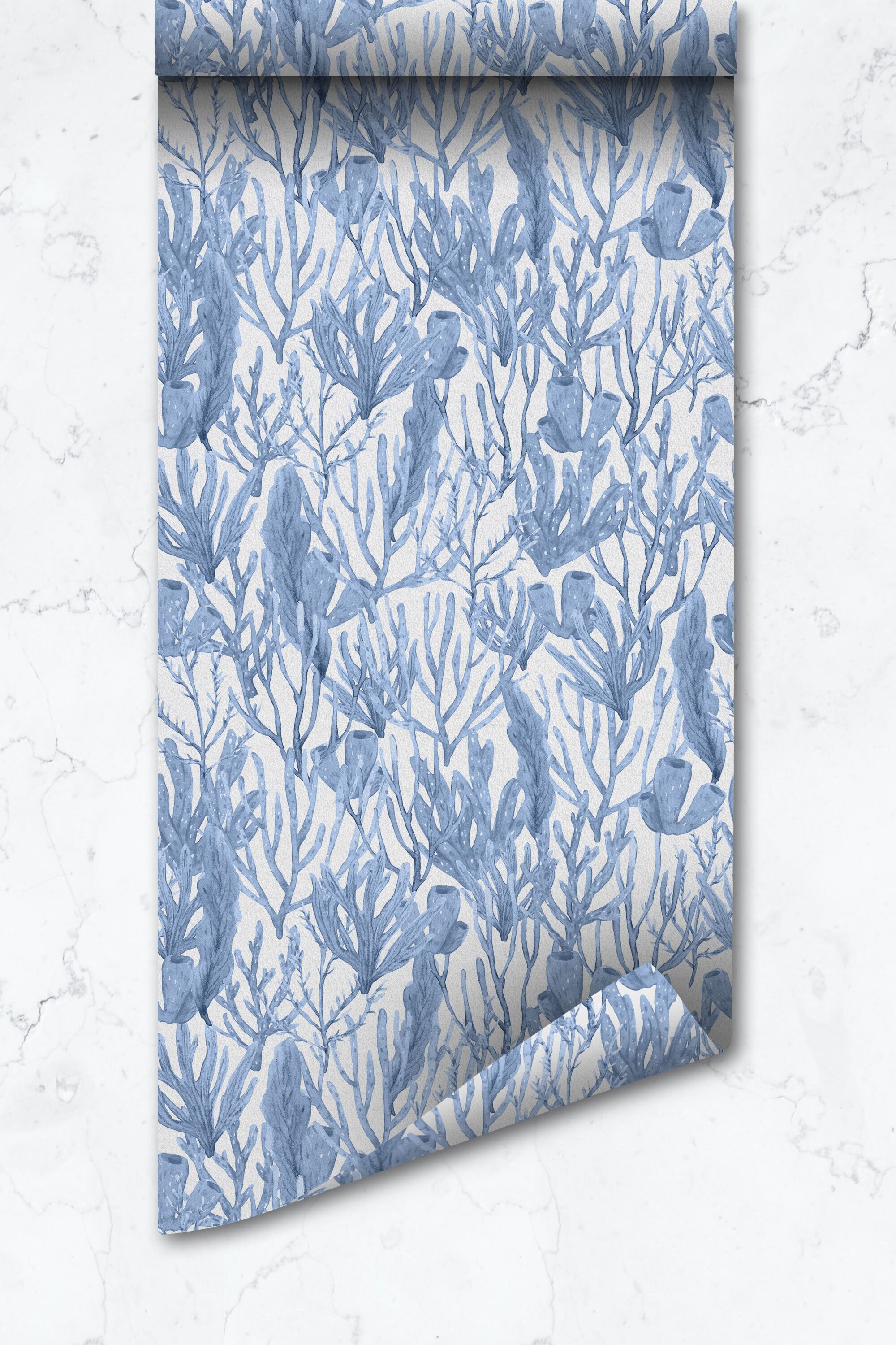 Blue Coral Removable Wallpaper Watercolor Coastal Decor Etsy