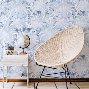 Blue Palm Leaf Removable Wallpaper / Tropical Traditional wallpaper or Self Adhesive Wallpaper