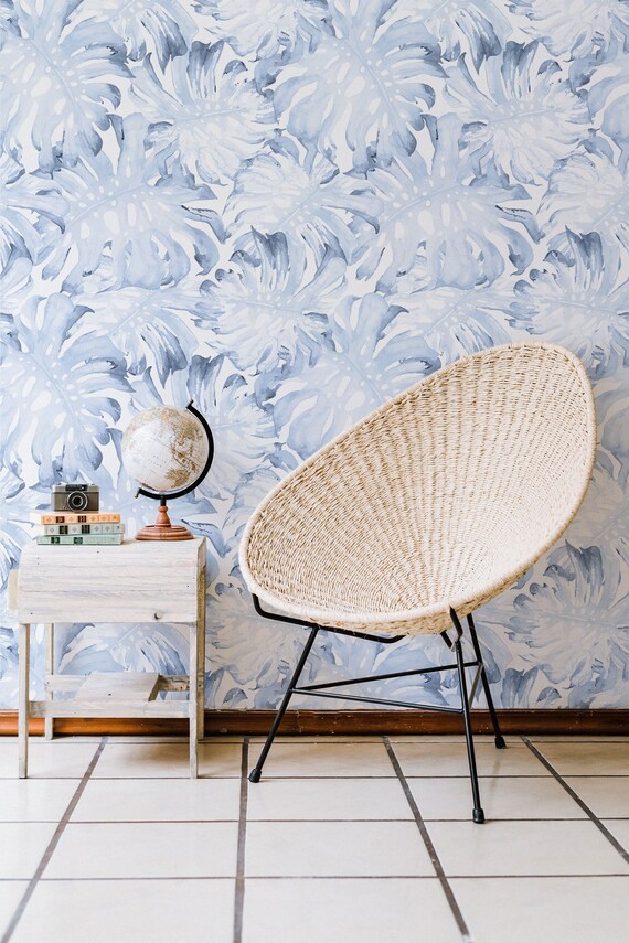 Blue Palm Leaf Removable Wallpaper / Tropical Traditional Etsy