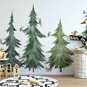 Sticker mural arbre forêt, sticker mural aquarelle, décoration murale pour chambre d'enfant, sticker mural forêt, sticker arbre autocollant