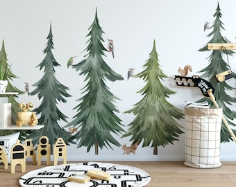 Watercolor Forest Tree Wall Decal, Peel and Stick Nursery Mural, Self-Adhesive, Renter Friendly, Removable Roll
