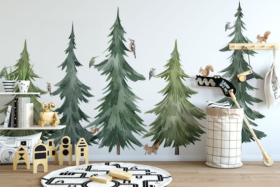 Watercolor Forest Tree Wall Decal, Peel and Stick Nursery Mural, Self-Adhesive, Renter Friendly, Removable Roll