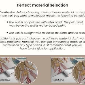 May include: A graphic showing the difference between self-adhesive and traditional wallpaper. The graphic includes text explaining the conditions for using self-adhesive wallpaper and the benefits of using traditional wallpaper.