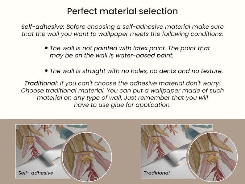 May include: A graphic showing the difference between self-adhesive and traditional wallpaper. The graphic includes text explaining the conditions for using self-adhesive wallpaper and the benefits of using traditional wallpaper.