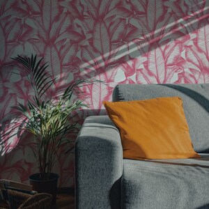 Bold Pink Banana Leaves Wallpaper / Tropical Removable Wallpaper or Traditional Wallpaper