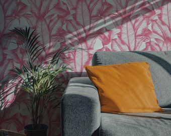 Bold Pink Banana Leaves Wallpaper / Tropical Removable Wallpaper or Traditional Wallpaper