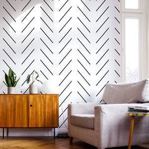 Modern delicate herringbone wallpaper in black and white, Scandinavian design, removable self adhesive & traditional material