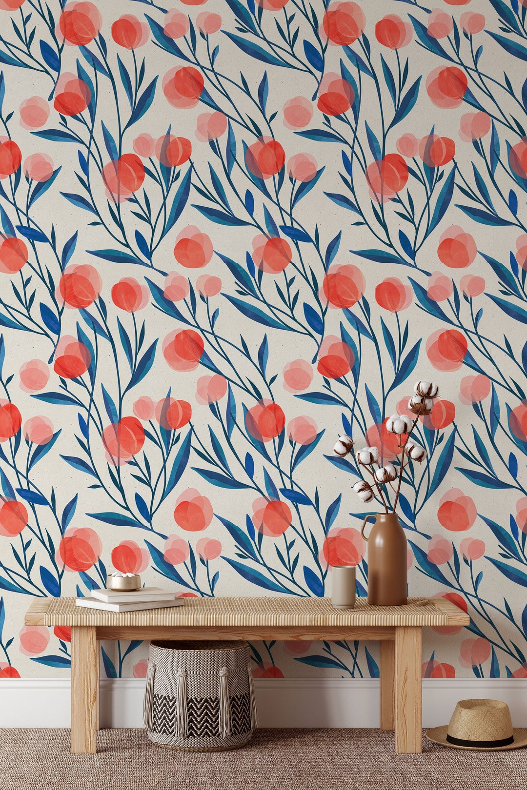 Tempory Decor Blogger Renter Poppy Flower Removable Wallpaper Botanical Mural Temporary Decor, Self ...
