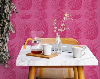 Hot Pink Pineapple Wallpaper Tropical Fruit Mural Removable Peel and Stick Eclectic Jungle Decor, Self-Adhesive