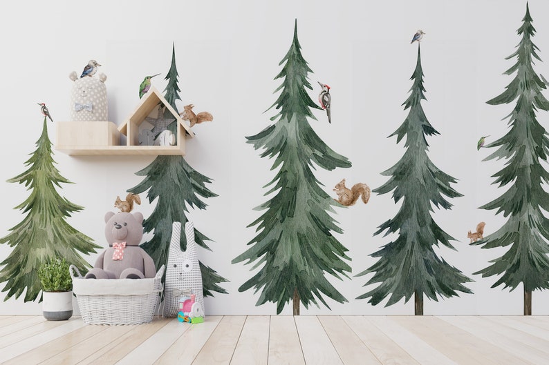 Aquarell Waldbaum Wandtattoo, Schälen und Aufkleben Kinderzimmer Wandbild, selbstklebend, Renter freundlich, abnehmbare Rolle Bild 3