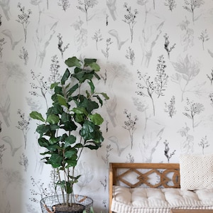 Grey Wildflower Removable Wallpaper, available as self adhesive or non woven wallpaper