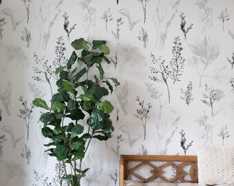 Grey Wildflower Removable Wallpaper, Available as self adhesive or non woven wallpaper, Self-Adhesive, Renter Friendly