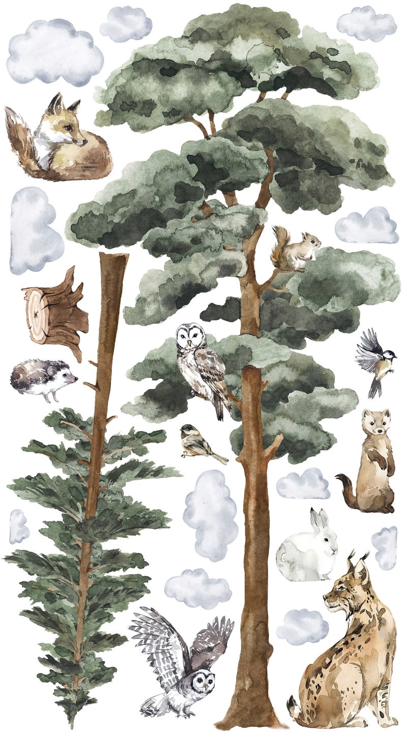 May include: Watercolor illustrations of forest animals and trees.  The set includes a fox, squirrel, owl, hedgehog, bird, weasel, rabbit, lynx, and two trees.  The illustrations are painted in shades of brown, green, and white.