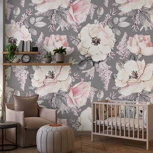 Dusty Rose Wallpaper, Vintage, Floral, Nursery, Wallpaper, Watercolor, Baby, Kids, Decal, Sweet, Room, Wall, Self-adhesive, Babyroom