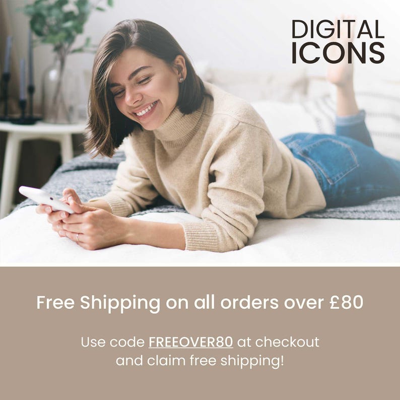 K&ouml;nnte beinhalten: Eine Frau in einem beigen Rollkragenpullover und blauen Jeans benutzt ein wei&szlig;es Smartphone. Der Text "DIGITAL ICONS" ist zu sehen.