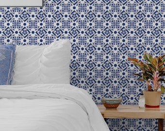 Blue Lisbon Tiles Wallpaper Bathroom Kitchen Mural Peel and Stick, Self-Adhesive, Renter Friendly, Removable Roll