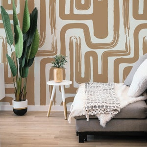 Brown Paintbrush Maze Wallpaper in Latte & Off White Colors / Minimal design abstract pattern Traditional or Removable Wallpaper