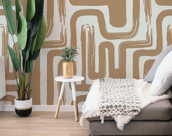 Brown Paintbrush Maze Wallpaper in Latte & Off White Colors / Minimal design abstract pattern Traditional or Removable Wallpaper