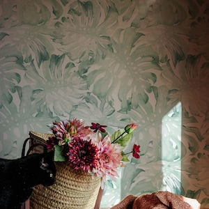 Watercolor Palm Leaf Removable Wallpaper in minty colours, Self adhesive or Traditional wallpaper