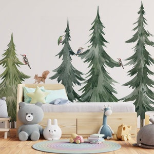 Aquarell Waldbaum Wandtattoo, Schälen und Aufkleben Kinderzimmer Wandbild, selbstklebend, Renter freundlich, abnehmbare Rolle Bild 5