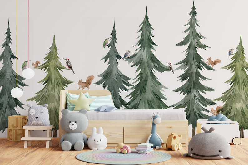 Aquarell Waldbaum Wandtattoo, Schälen und Aufkleben Kinderzimmer Wandbild, selbstklebend, Renter freundlich, abnehmbare Rolle Bild 5