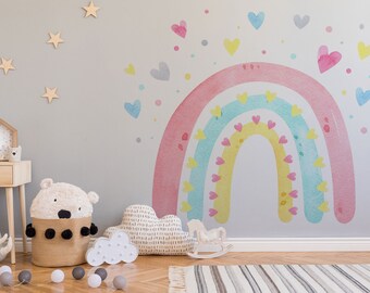 Watercolor Boho Rainbow Wall Decal, Nursery Kids Room Decor, Removable Sticker, Self-Adhesive, Renter Friendly