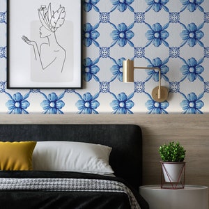 Romantic Style Blue Tiles Removable Wallpaper / Traditional or Self adhesive Wallpaper