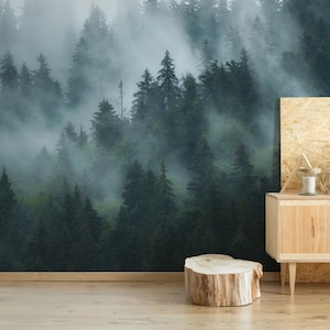 Forest Wallpaper | Self-Adhesive or Traditional Wallpaper Foggy Forest Wall Mural | Classic & Relaxing Decor