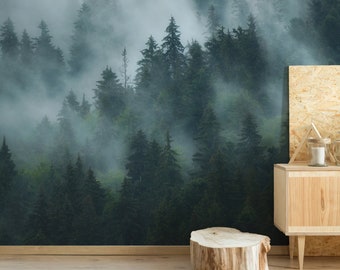 Papel de Parede Floresta Nebulosa, Mural de Parede Autoadesivo, Ideal para Inquilinos, Rolo Removível, Decoração de Destaque para Ambientes