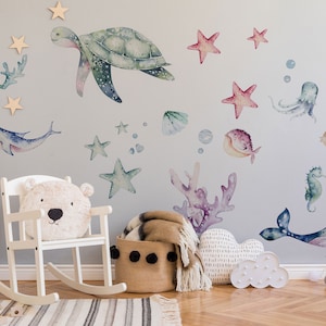 Ocean Wall Decal Set for Nursery, Watercolor Peel and Stick Sea-Themed Stickers, Removable Wall Art for Baby Room or Kids Room Decor