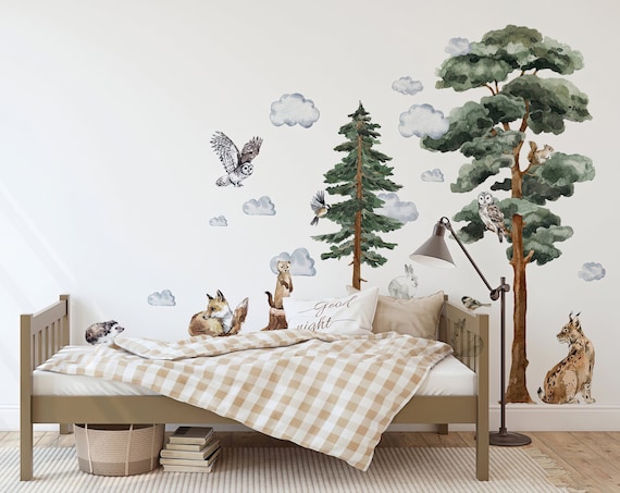 Woodland Nursery Wall Decals Forest Animals Tree Watercolor Art, Self-Adhesive, Renter Friendly, Removable Roll