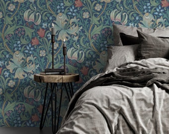 Peel & Stick Wallpaper - William Morris EXCLUSIVE Golden Lily Pattern - Removable Pre-pasted Wallcovering - Floral Wall Mural Home Décor