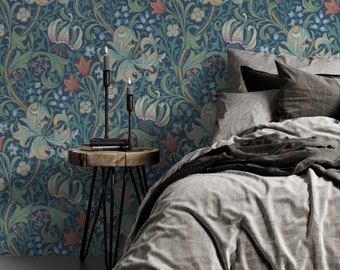 Wall Mural - William Morris EXCLUSIVE Golden Lily Pattern - Floral Home Décor, Self - Adhesive, Renter Friendly, Removable Roll