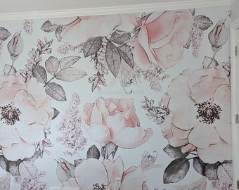 Watercolor Rose Peel and Stick Wallpaper Mural, Pastel Floral Decor, Self-Adhesive, Renter Friendly, Removable Roll